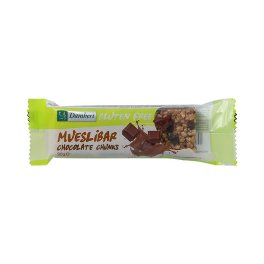 Damhert gluten-free chocolate muesli bar snack in 30g package, with visible chocolate pieces and muesli texture.