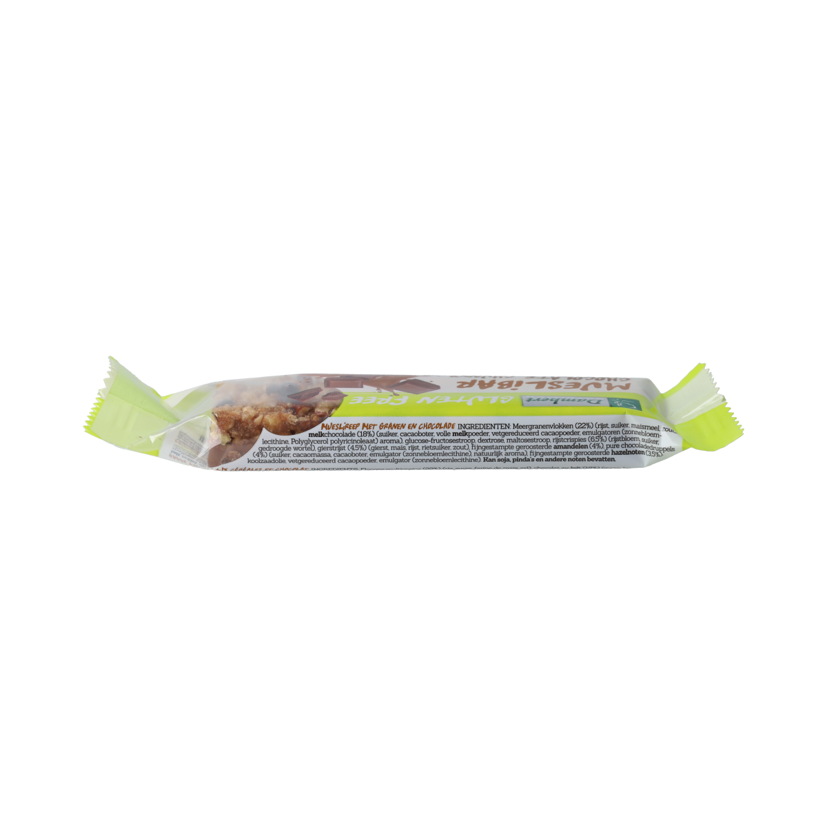 Gluten-free Damhert Mueslireep chocolade snack in 30g package, ideal for quick, healthy treats and on-the-go snacking.