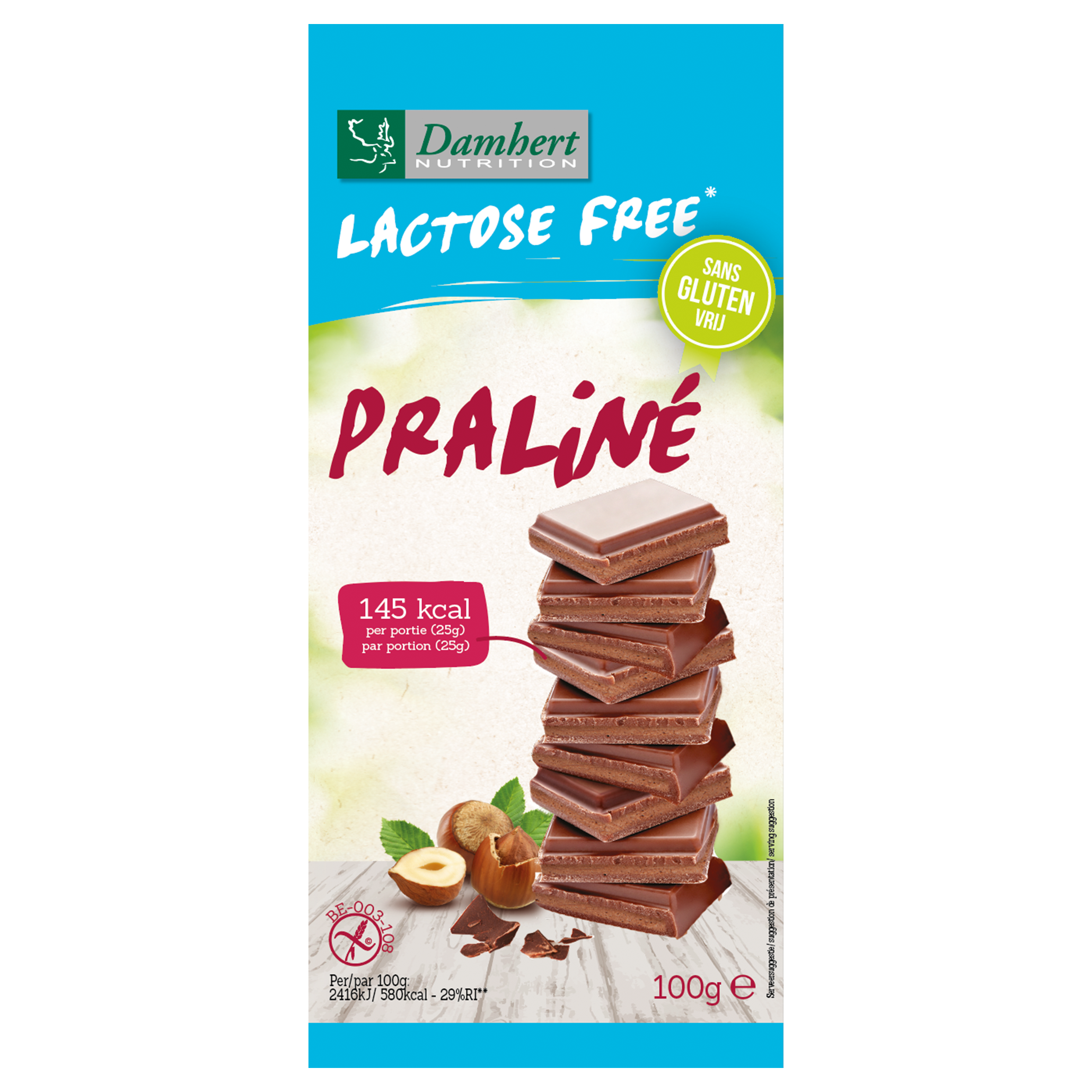 Damhert Chocoladetablet praline glutenvrij en lactosevrij 100 Gram