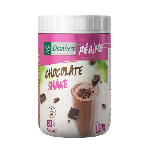 Damhert Regime maaltijd shake chocolade in 520g container, showcasing the chocolate flavor and packaging.