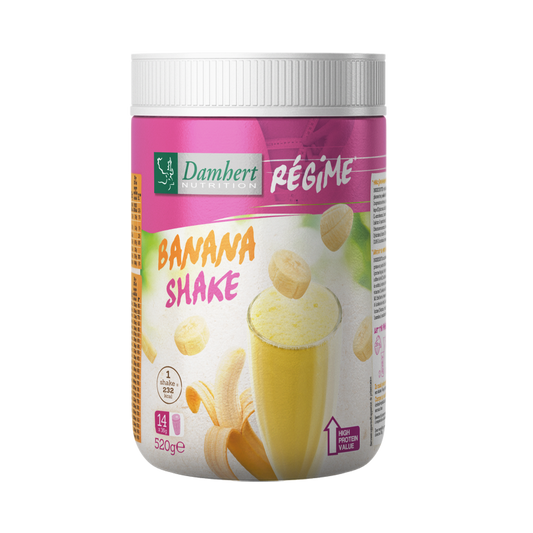 Damhert Regime maaltijd shake banaan, 520g, in a bottle with banana flavor, designed as a meal replacement.