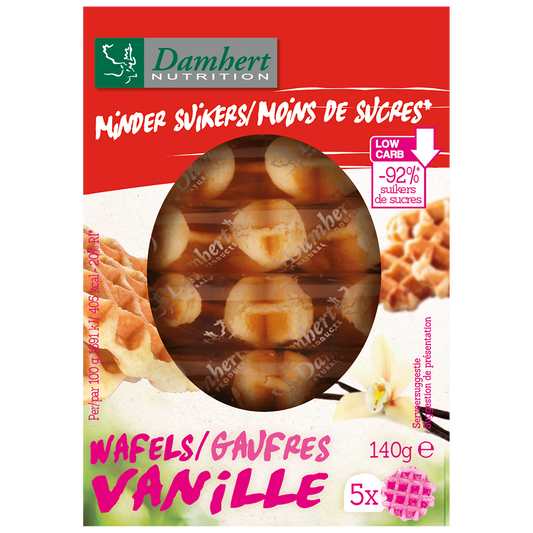 Damhert vanille koeken in 140g package, featuring golden-brown waffles with vanilla flavor and less sugar.