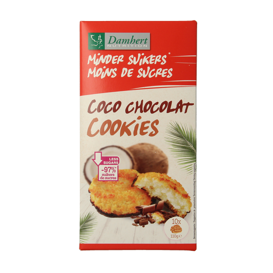 Damhert coconut chocolate low carb cookies in 110g package, showing crispy kokoskoek with chocolate coating and packaging details.