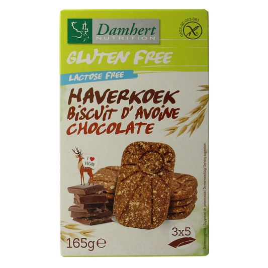 Damhert gluten-free oat cookies with chocolate, 165g package, showing golden-brown crunchy biscuits with chocolate chips.