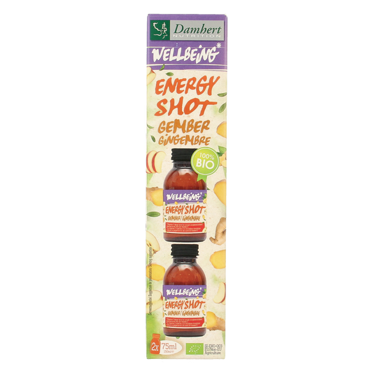 Damhert Energy Shot Gember Duo herbal supplement in 150g packaging, showing ginger root and herbal blend on the label.
