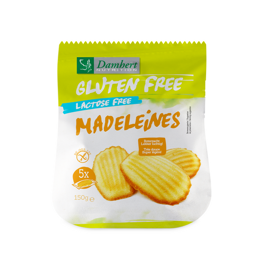 Damhert Madeleine cookies in a 150g package, showing golden-brown, soft, and freshly baked cake biscuits.