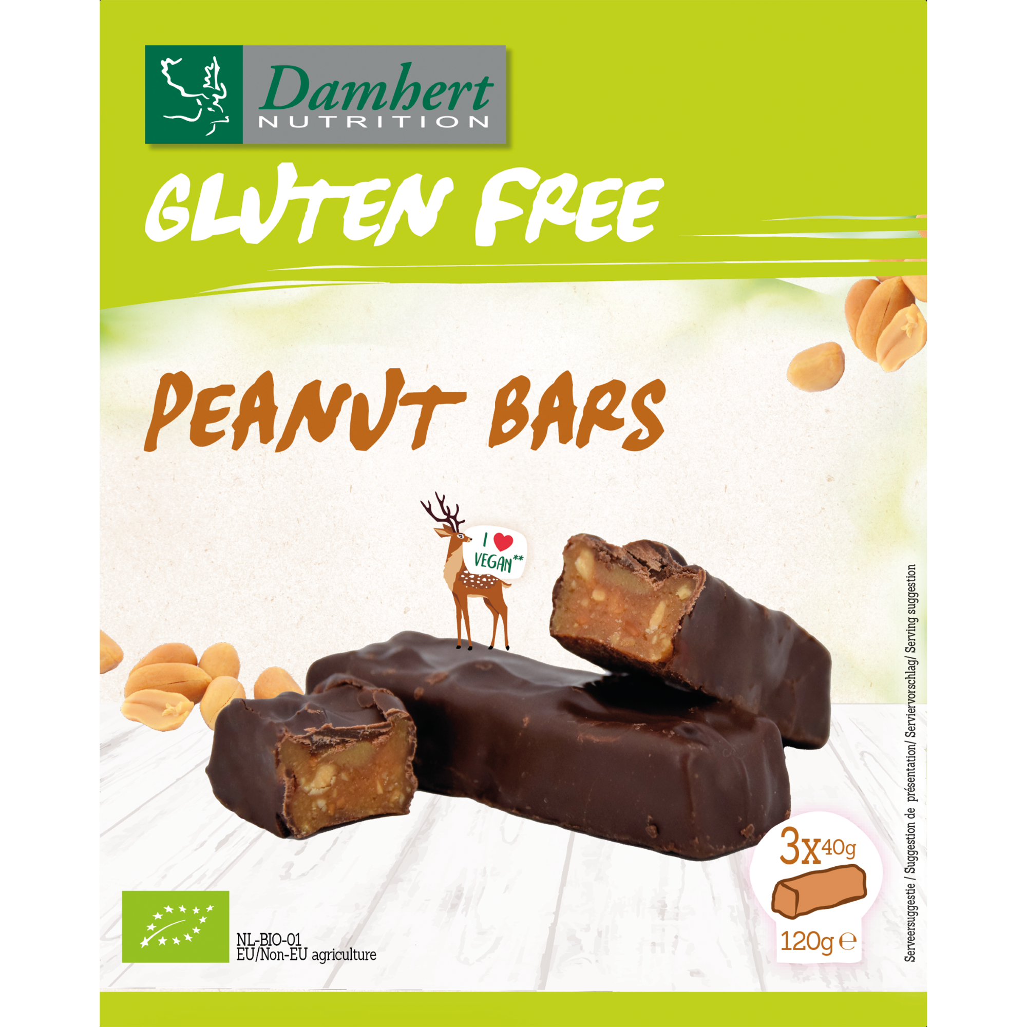 Damhert gluten-free organic peanut bars, 120g, snack and treat with visible peanut pieces and packaging.