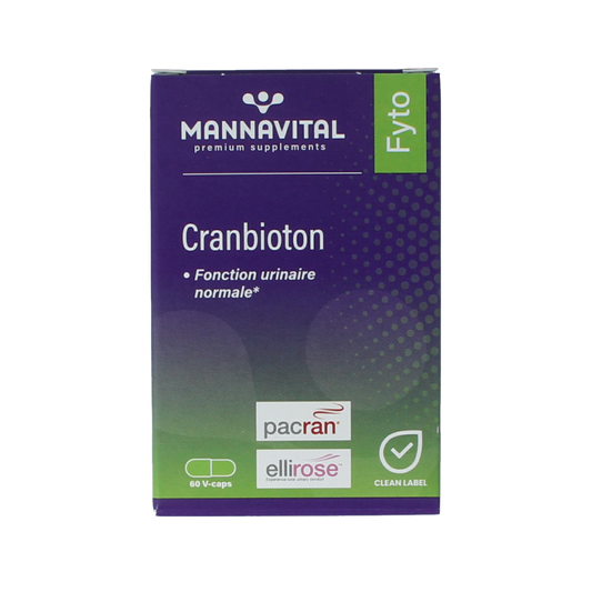 Mannavital Cranbioton 60 capsules herbal supplement with capsules displayed in a bottle for supporting urinary health.