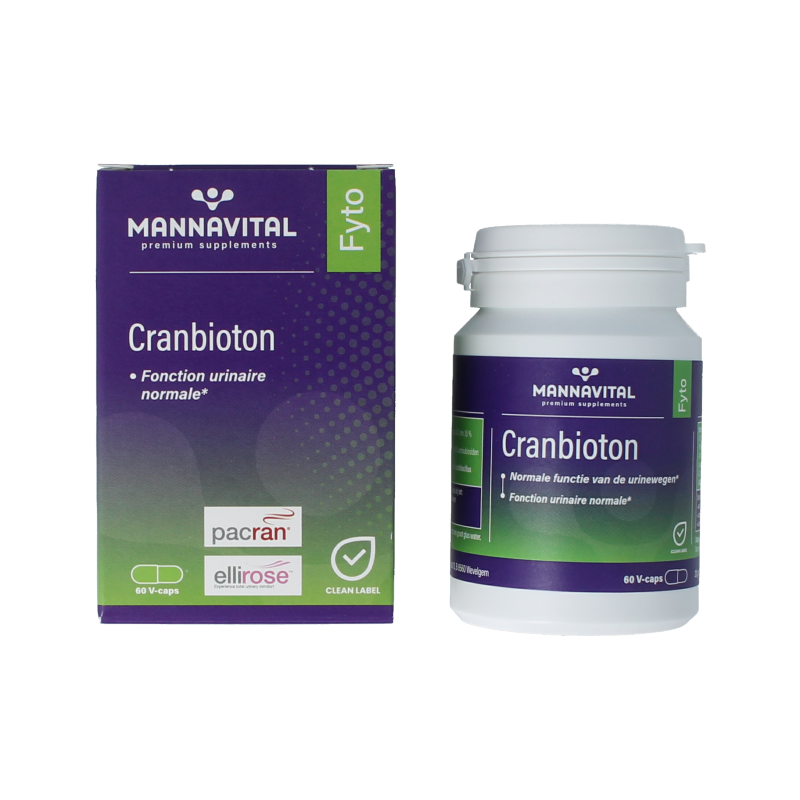 Mannavital Cranbioton herbal supplement capsules in a bottle, designed to support urinary and bladder health.