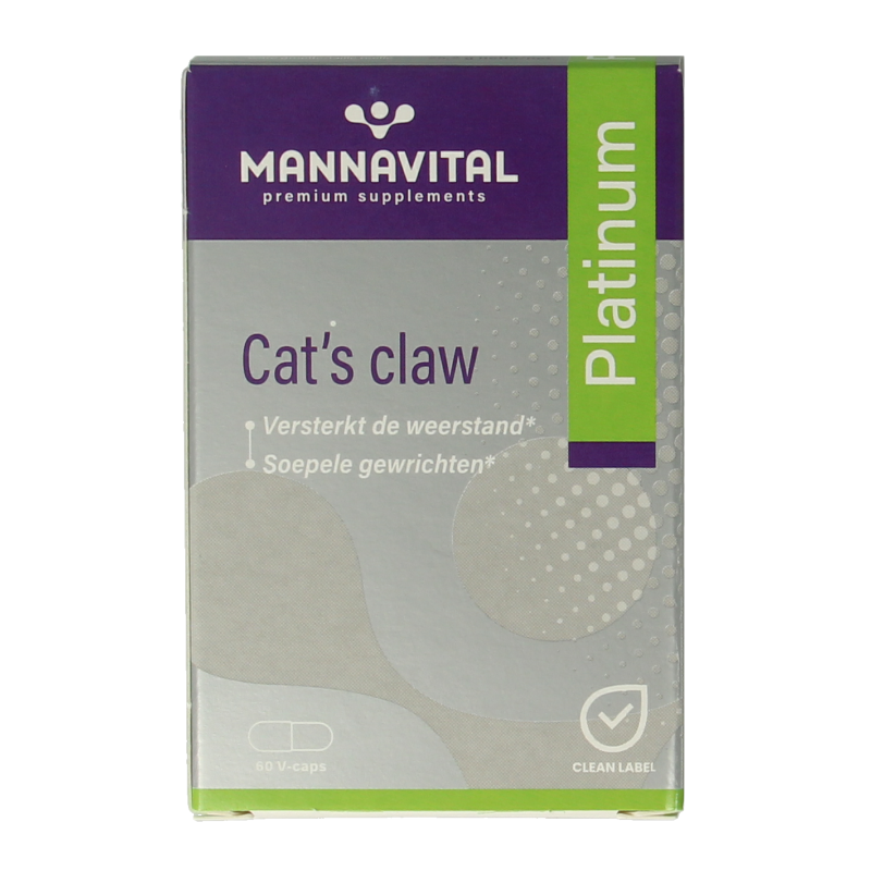 Mannavital Cat's Claw Platinum capsules, herbal supplement in a bottle, with a close-up of the product packaging and capsules.