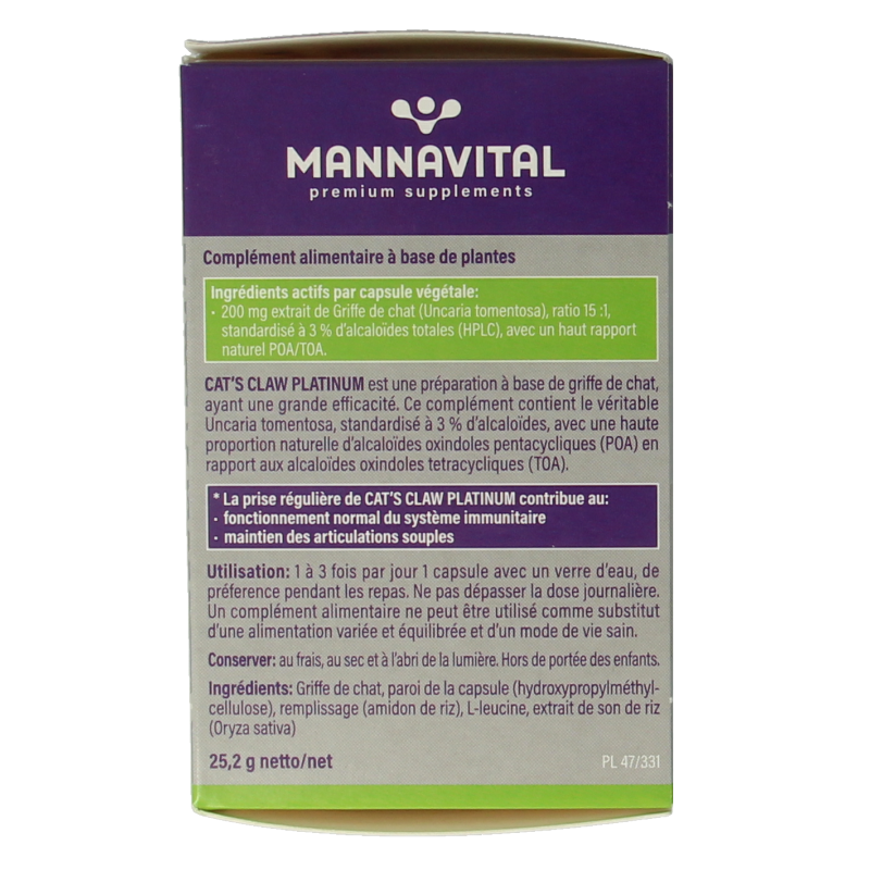 Mannavital Cat's Claw Platinum capsules in a bottle, herbal supplement from Kruidenpreparaten collection