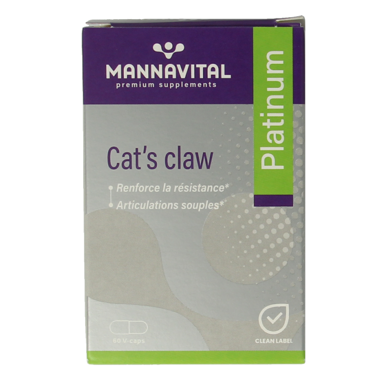 Mannavital Cat's Claw Platinum herbal supplement capsules in a bottle, designed for natural health support for pets.