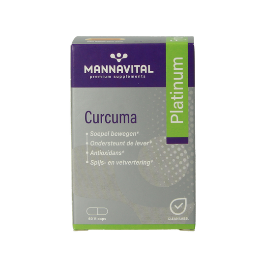 Mannavital Curcuma Platinum vegetarian capsules, herbal supplement with turmeric, in a clear bottle with capsules inside.