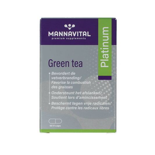 Mannavital Green Tea Platinum vegetarian capsules, herbal supplement with green tea extract, in a bottle with capsules visible inside.