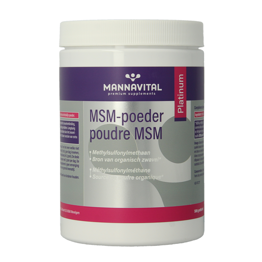 Mannavital MSM mineral powder in platinum packaging, showing a 500g container of supplement powder with label details.