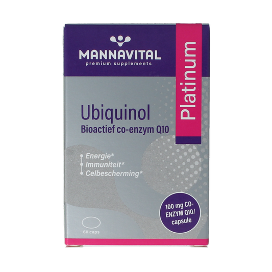 Mannavital Ubiquinol Platinum multi-vitamin capsules, 60 count, showing the supplement bottle with capsules inside