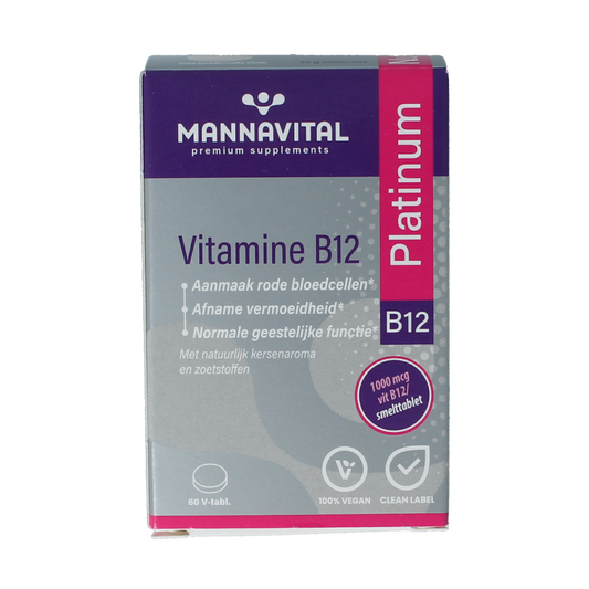 Mannavital Vitamin B12 Platinum supplement bottles with tablets, labeled as Mannavital Vitamin B12 Enkel in blister pack.