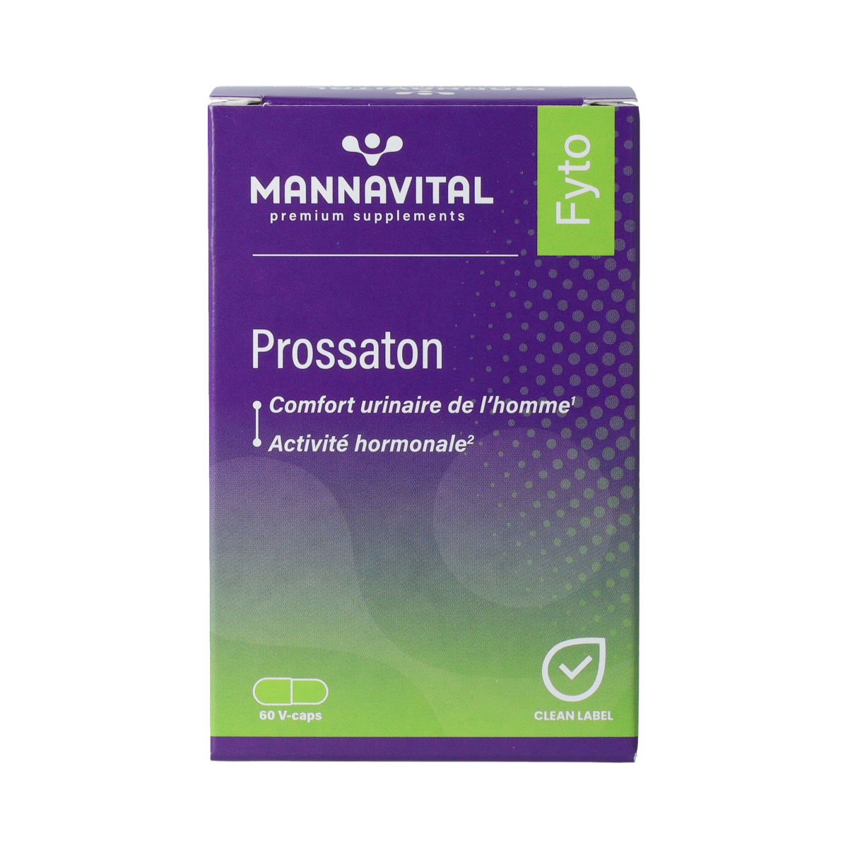 Mannavital Prossaton 60 vegetarian herbal capsules in a clear bottle, labeled with product and brand information.