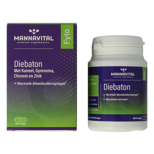 Mannavital Diebaton 60 vegetarian herbal capsules in a clear container, showing green capsules and product label.