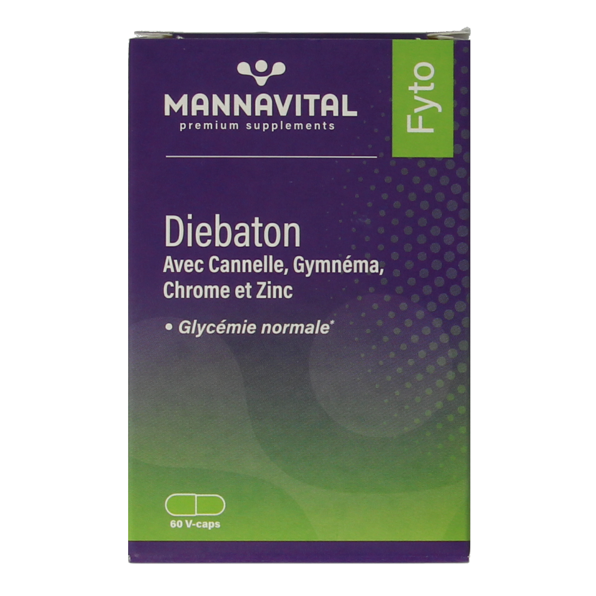 Mannavital Diebaton 60 vegetarian herbal capsules in a clear container, showing the capsules' shape and packaging details.