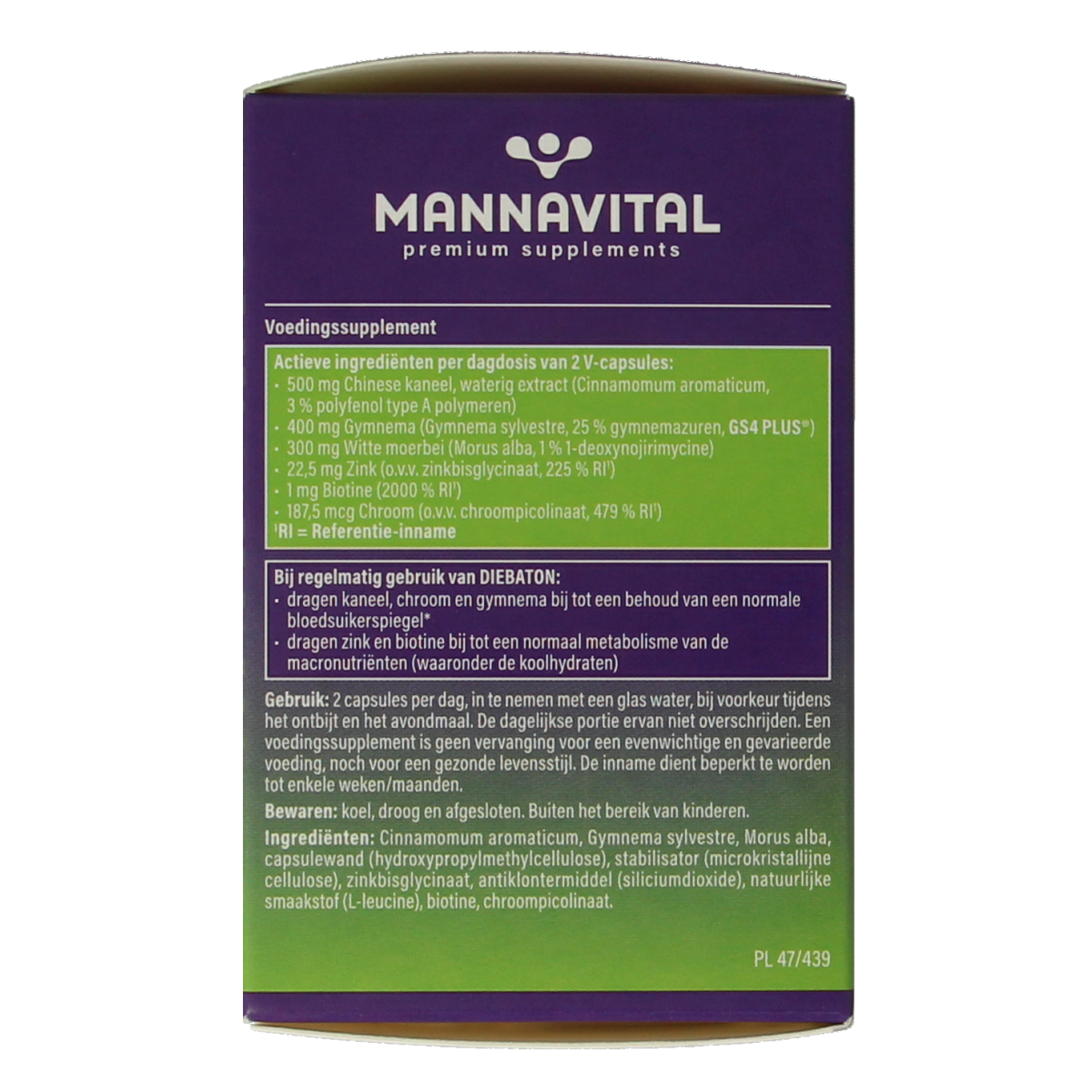 Mannavital Diebaton 60 vegetarian herbal capsules in a clear container, showing the capsules and packaging details.