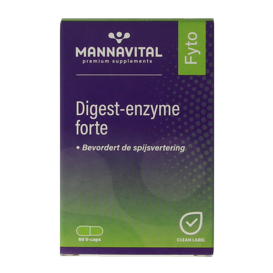 Mannavital Digest Enzyme Forte vegetarian capsules, with fibers and enzymes for digestive support, shown in clear container.