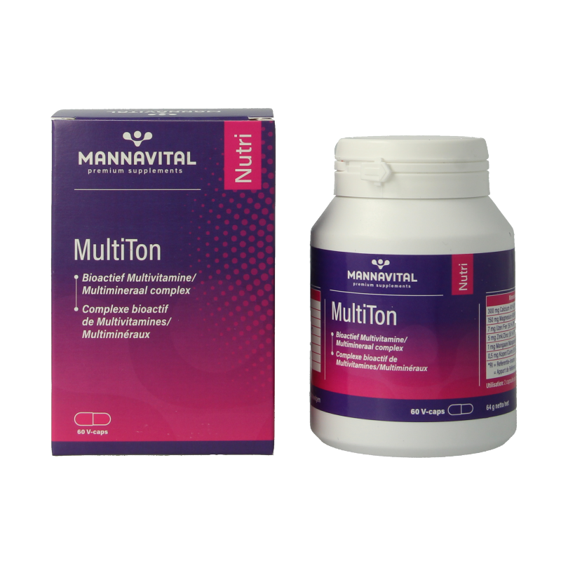 Mannavital Multiton 60 vegetarian vitamin capsules in a white container, showing the product label with colorful design.