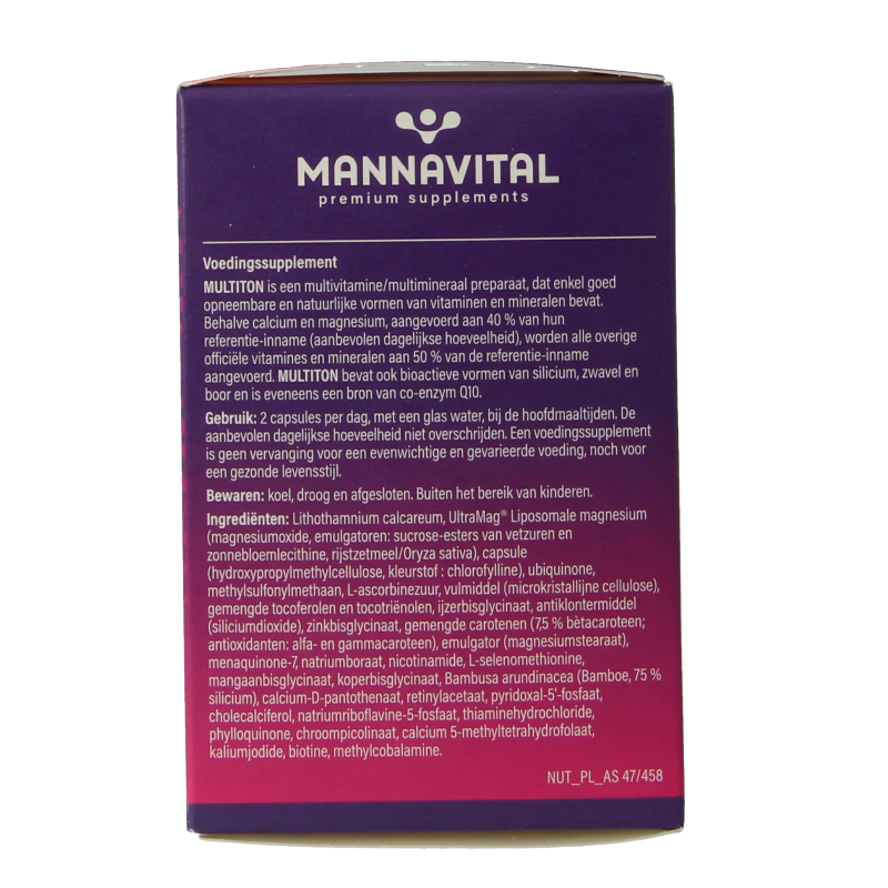 Mannavital Multiton 60 vegetarian multivitamin capsules, showing the supplement bottle with colorful capsules and label.