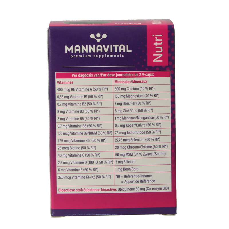 Mannavital Multiton 60 vegetarian vitamin capsules in a white bottle with label showing product details and brand name.