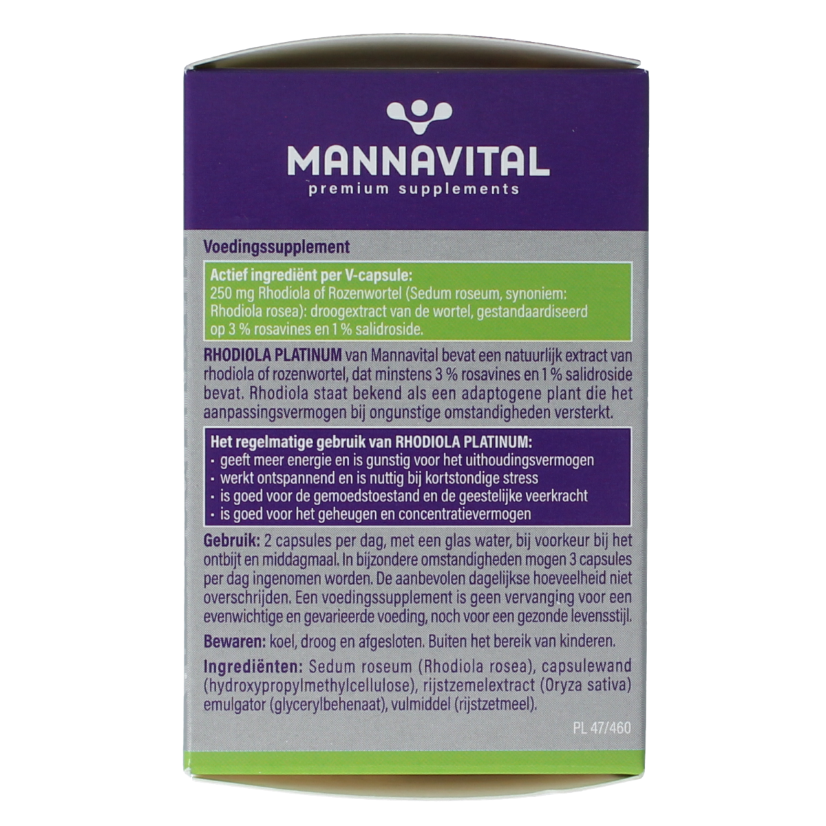 Mannavital Rhodiola Platinum vegetarian herbal capsules in a bottle, dietary supplement for energy and stress support.