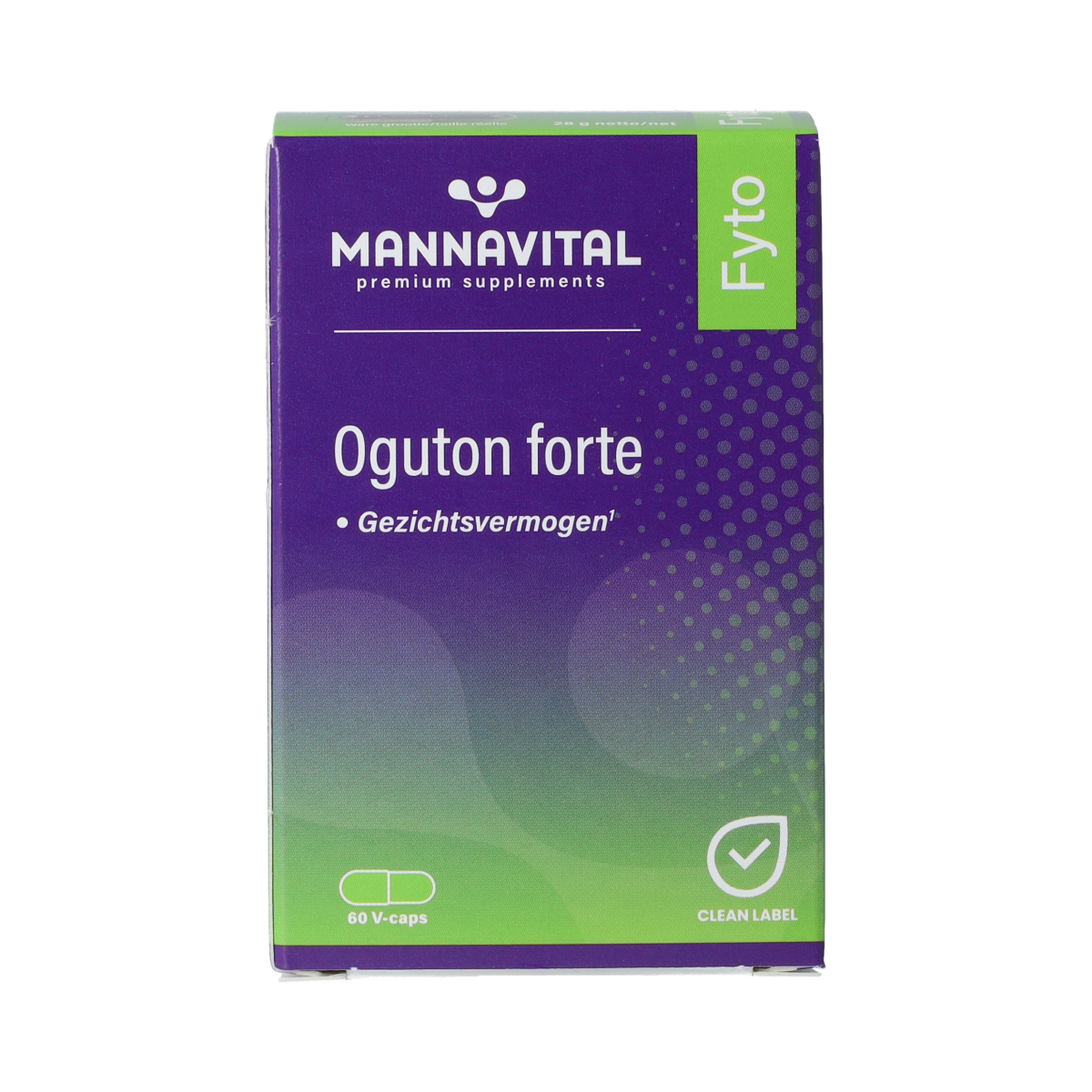 Mannavital Oguton Forte vegetarian herbal capsules in a bottle, displayed with the supplement label and capsules visible.