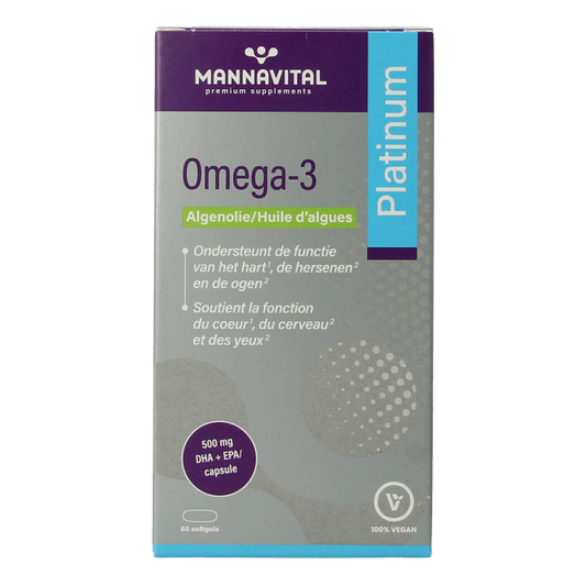 Mannavital Omega-3 Algenolie Platinum softgels supplement with 60 softgels, rich in healthy omega-3 fatty acids from algae.