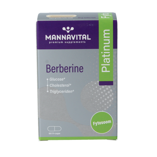 Mannavital Berberine Platinum vegetarian capsules, herbal supplement in white bottle with label, close-up of product packaging.