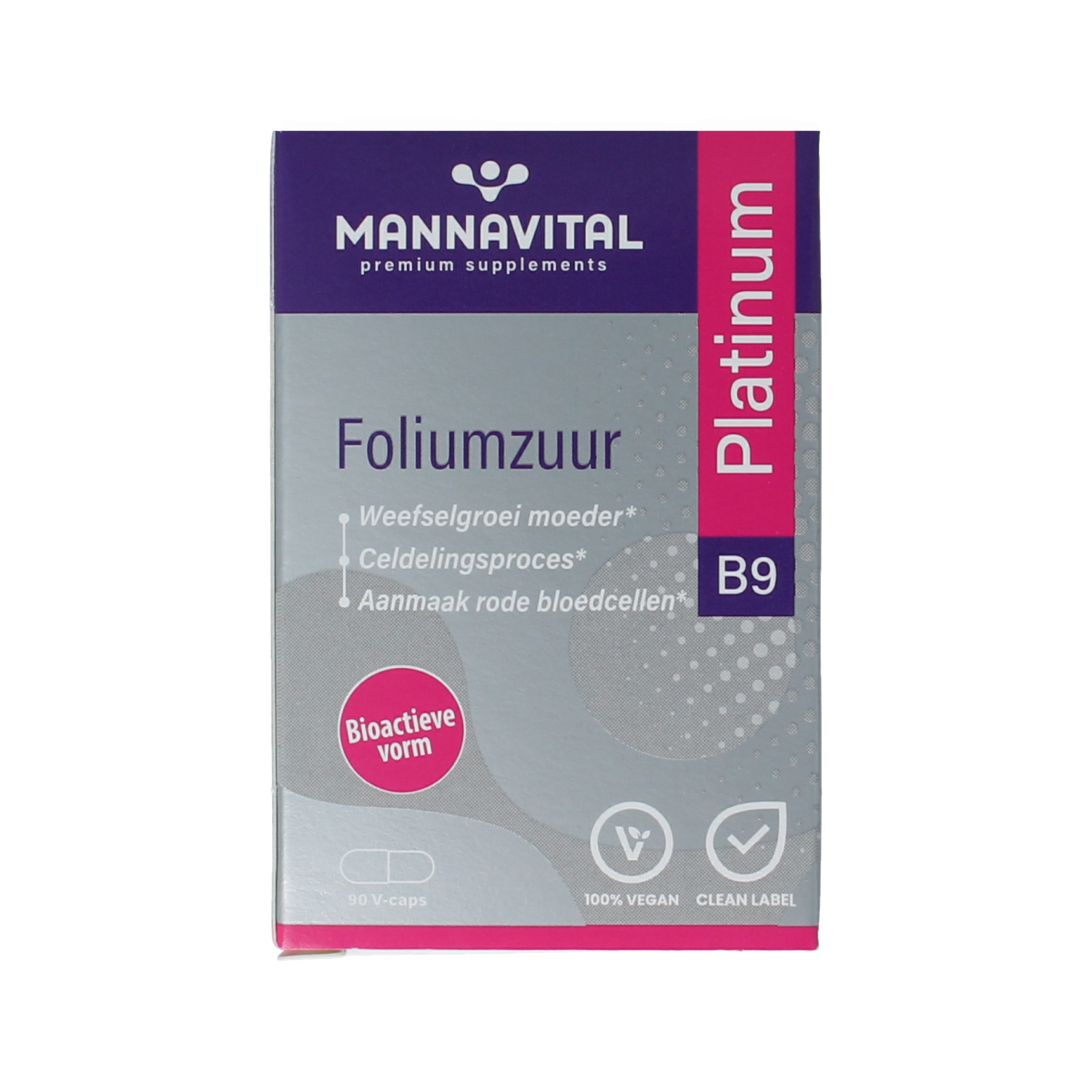 Mannavital Foliumzuur Platinum vegetarian capsules, vitamin supplement, close-up of the bottle with capsules inside