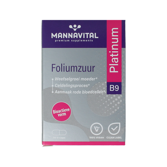 Mannavital Foliumzuur Platinum vegetarian capsules, vitamin supplement, close-up of the bottle with capsules inside