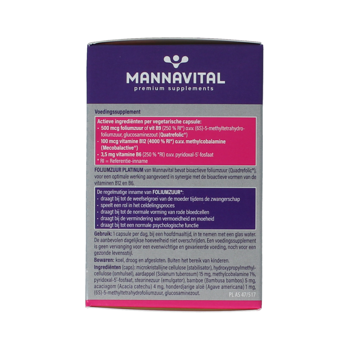 Mannavital Foliumzuur Platinum vegetarian capsules, dietary vitamin supplement in a white bottle with label.