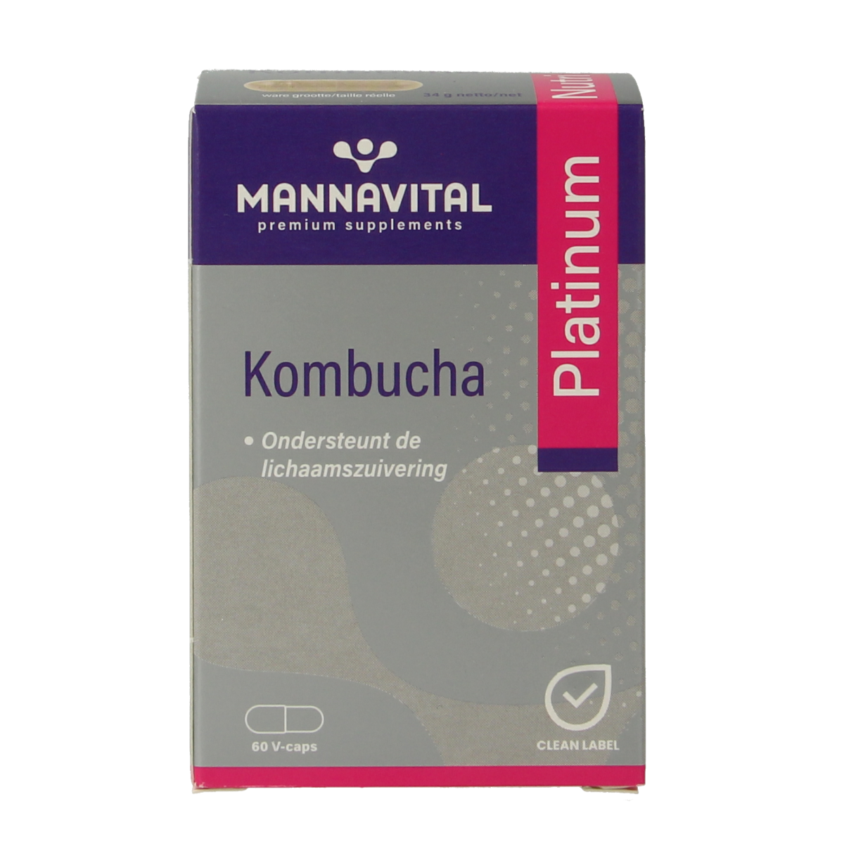Mannavital Kombucha Platinum vegetarian capsules, dietary supplement and herbal preparation, shown in clear container.