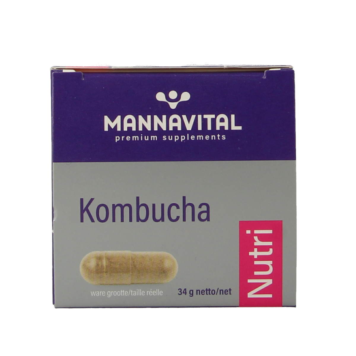 Mannavital Kombucha Platinum vegetarian capsules, dietary supplement in a white bottle with label, on a plain background.