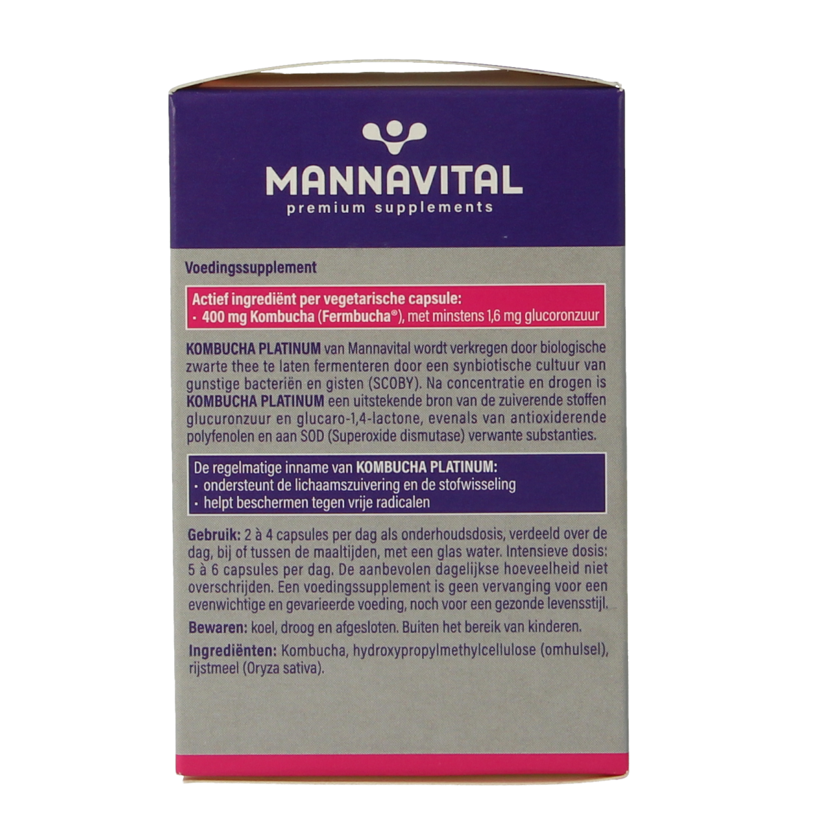 Mannavital Kombucha Platinum vegetarian capsules, dietary supplement, white bottle with label, for gut health support.