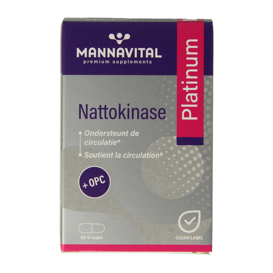 Vegetarische capsules van Mannavital Nattokinase Platinum, supplement met vezels en enzymen voor gezonde bloedcirculatie.