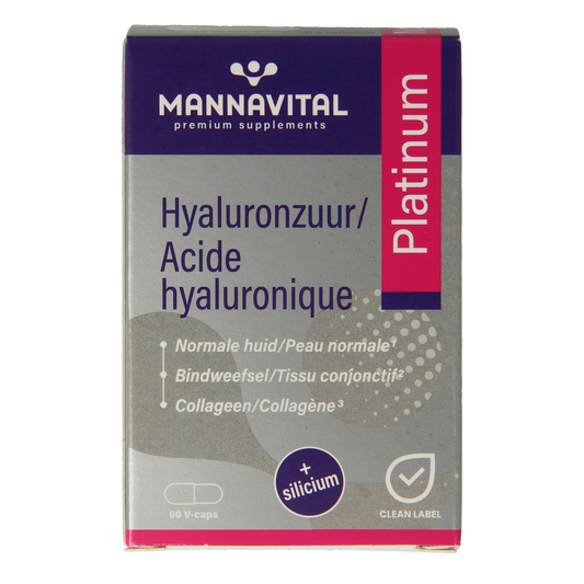 Mannavital Hyaluronzuur platinum capsules, dietary supplement for skin hydration and joint health, 60 capsules.