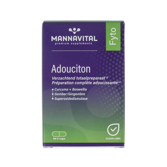 Mannavital Adouciton vegetarian capsules, herbal supplement in a bottle with multiple capsules visible, for natural health support.