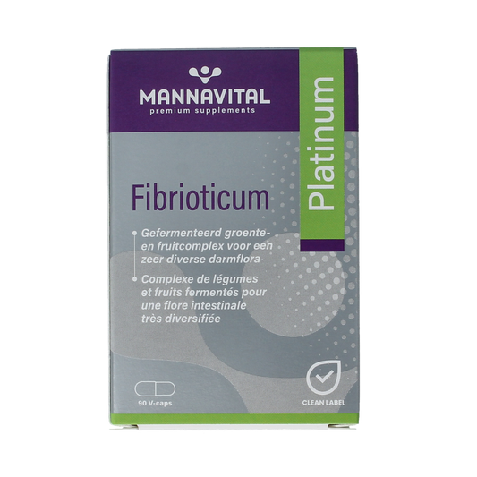 Mannavital Fibrioticum Platinum vegetarian capsules containing micro-organisms, shown in a bottle with capsules inside.