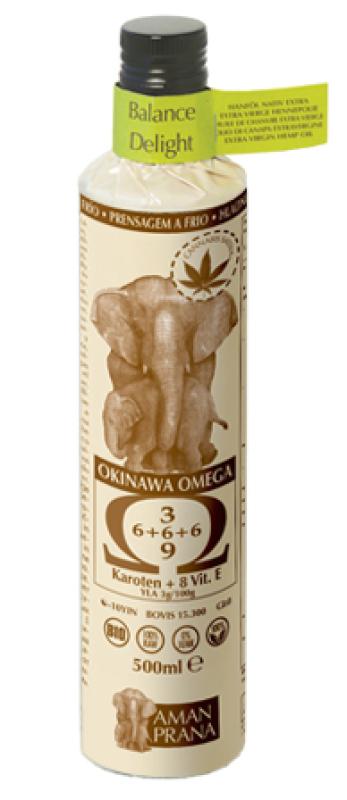 Amanprana Balance Delight bio oil bottle, 500ml, with a clear label showing the Amanprana brand and product details.
