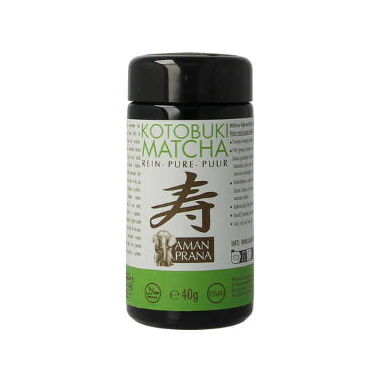 Amanprana Kotobuki matcha bio tea powder in a 40g package, vibrant green matcha in a natural-inspired container.