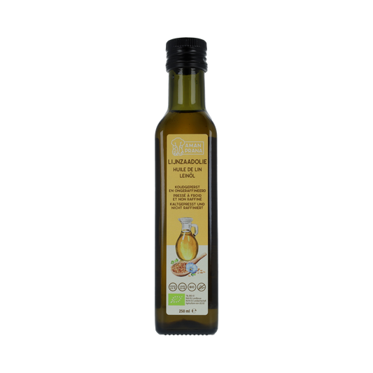 Amanprana organic flaxseed oil bottle, 250ml, in a clear glass container with a screw cap on a white background.