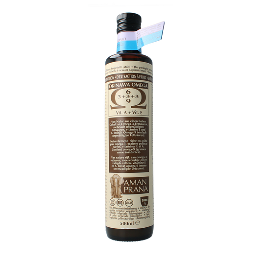 Amanprana Eicosan Perilla herbal supplement bottle with label, 500ml, in a natural setting on a wooden surface.