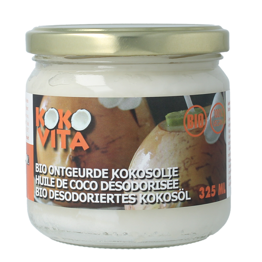 Unlabeled bottle of Kokovita Kokosolie geurloos bio 325ml, organic and odorless coconut oil, in a clear plastic container.