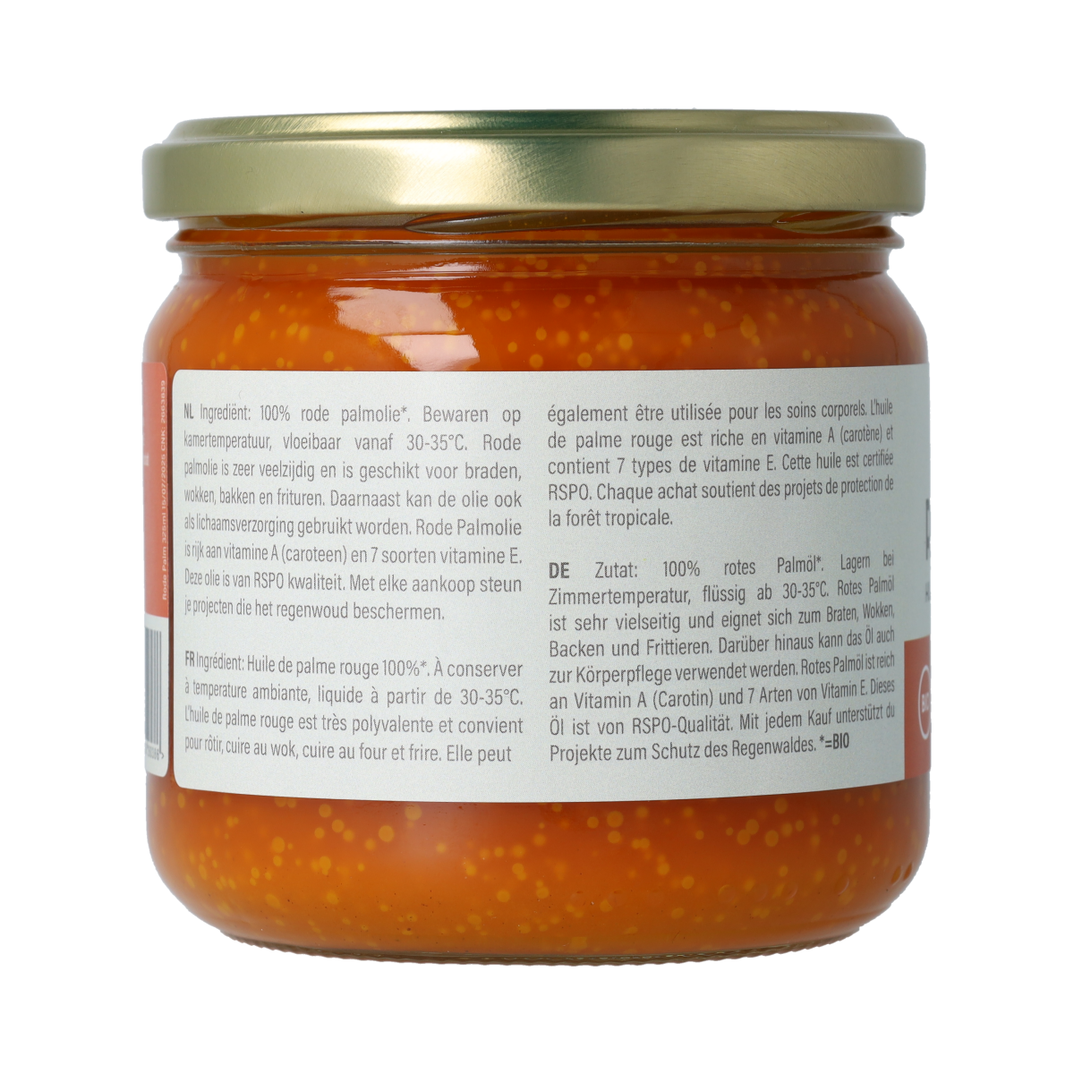 Amanprana organic red palm oil bottle, 325ml, with label showing product details and vibrant red color of the oil.