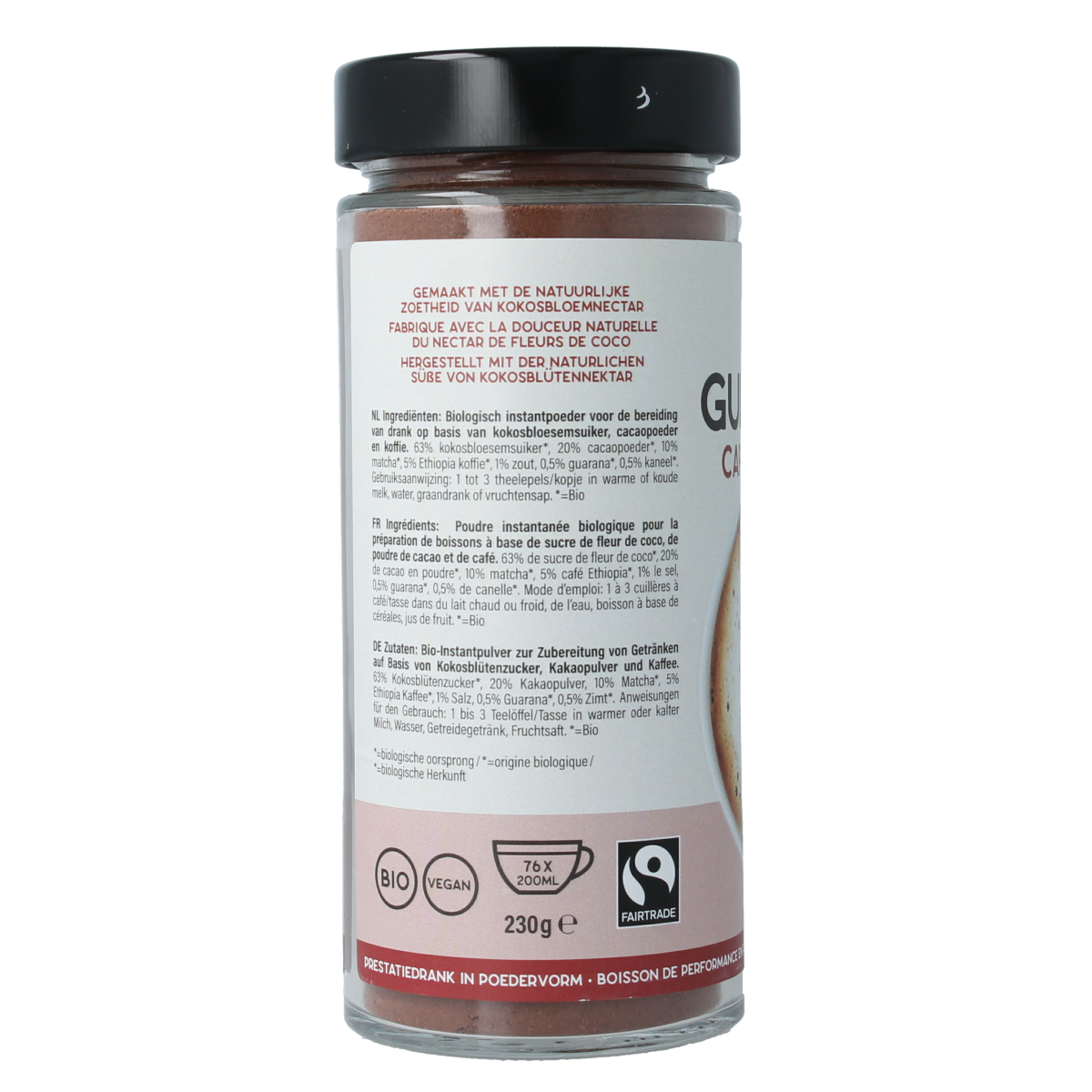 Amanprana Gula Java cacao and Ethiopia bio coffee in 230g package for koffie en thee, natural organic product.